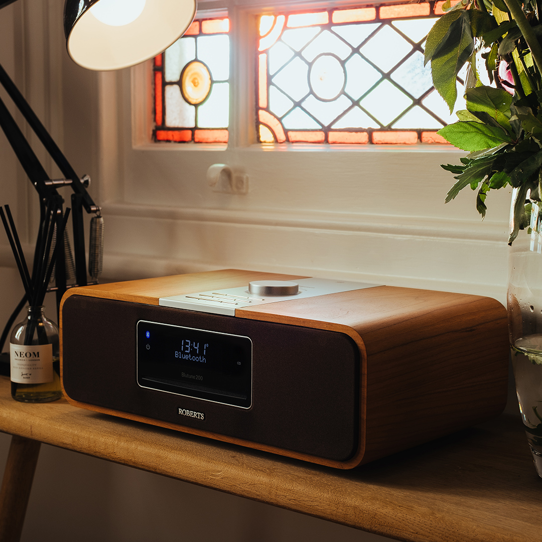 Blutune 200 on a hall table next to a lamp and plant